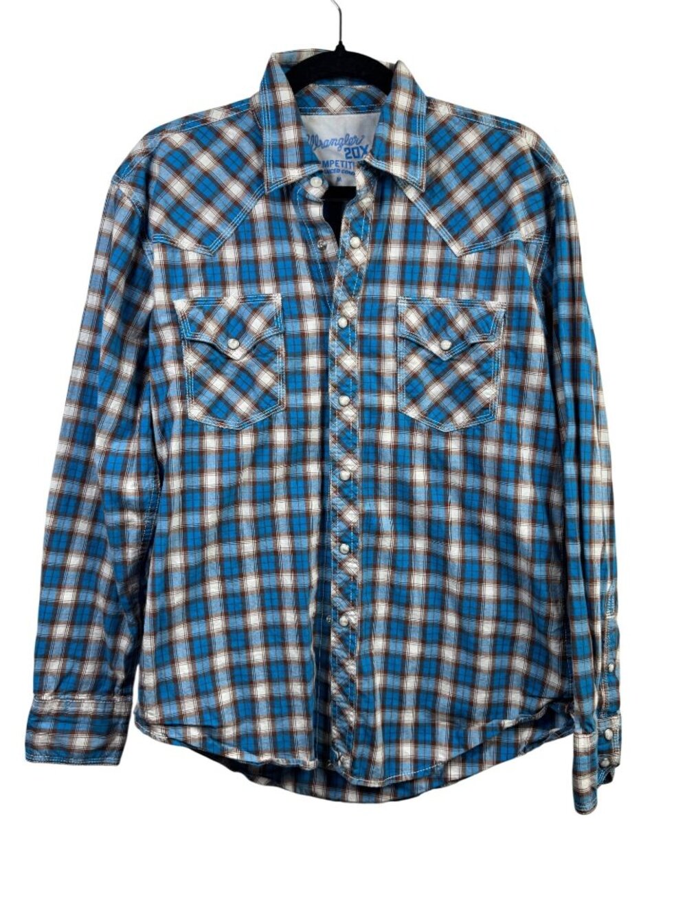 Wrangler 20X Mens Blue Brown Plaid Western Shirt Medium Long Sleeve Snap Closure